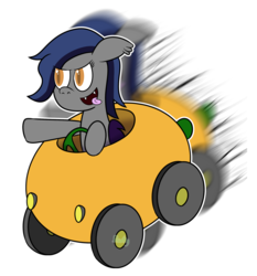 Size: 2000x2150 | Tagged: safe, artist:b-cacto, oc, oc only, oc:echo, bat pony, pony, bat pony oc, car, driving, food, fruit, gotta go fast, high res, mango, simple background, solo, tongue out, transparent background