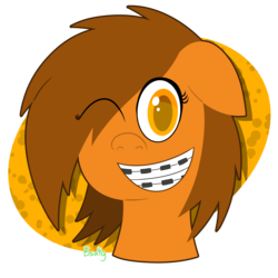 Size: 2000x2000 | Tagged: safe, artist:b-cacto, oc, oc only, oc:venus spring, pony, unicorn, braces, female, floppy ears, happy, high res, looking at you, mare, one eye closed, simple background, smiling, solo, teeth, transparent background, wink