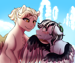 Size: 941x796 | Tagged: safe, artist:miamaha, oc, oc only, oc:monochrome, oc:skychaser, pegasus, pony, androgynous, cloud, crying, magical lesbian spawn, male, next generation, nonbinary, offspring, parent:daring do, parent:dumbbell, parent:lightning dust, parent:rainbow dash, parents:daringdash, parents:lightningbell, sad, smiling, stallion