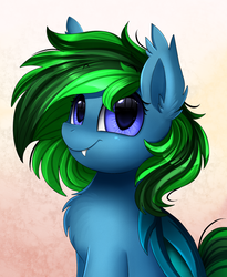 Size: 1446x1764 | Tagged: safe, artist:pridark, oc, oc only, oc:feral fable, bat pony, pony, bat pony oc, bust, commission, cute, fangs, female, mare, portrait, smiling, solo