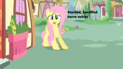 Size: 1280x720 | Tagged: safe, edit, edited screencap, screencap, fluttershy, pony, g4, green isn't your color, season 1, descriptive noise, female, horrified, horse noises, oh crap, oh crap face, open mouth, ponyville, scared, solo, startled, text