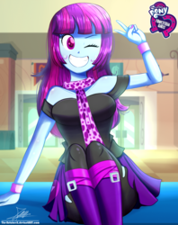 Size: 920x1160 | Tagged: safe, artist:the-butch-x, part of a set, mystery mint, equestria girls, g4, background human, bare shoulders, big grin, boots, bracelet, breasts, butch's hello, canterlot high, clothes, commission, cute, equestria girls logo, female, grin, jewelry, looking at you, mysterybetes, nail polish, off shoulder, one eye closed, peace sign, scarf, shoes, signature, sitting, smiling, solo, wink, wristband