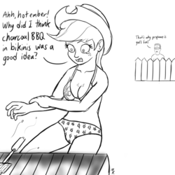 Size: 1280x1280 | Tagged: safe, artist:mkogwheel, applejack, human, g4, barbeque, bikini, chest freckles, clothes, duo, fail, female, fence, flag bikini, food, freckles, hank hill, humanized, injured, king of the hill, monochrome, ouch, reality ensues, solo focus, swimsuit