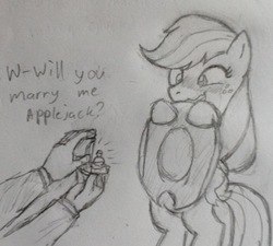 Size: 834x751 | Tagged: safe, artist:kabayo, applejack, oc, oc:anon, earth pony, human, pony, g4, blushing, cowboy hat, female, freckles, grayscale, happy, hat, mare, marriage proposal, monochrome, pencil drawing, ring, simple background, stetson, traditional art, white background