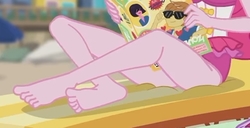 Size: 2100x1076 | Tagged: safe, screencap, feather bangs, pinkie pie, equestria girls, friendship math, g4, my little pony equestria girls: better together, barefoot, clothes, cropped, feet, female, legs, one-piece swimsuit, pictures of legs, pinkie pie swimsuit, sexy, soles, solo, swimsuit