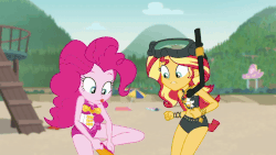 Size: 800x450 | Tagged: safe, screencap, pinkie pie, sunset shimmer, equestria girls, g4, my little pony equestria girls: better together, unsolved selfie mysteries, animated, beach shorts swimsuit, bracelet, clothes, female, gif, jewelry, sunset shimmer's beach shorts swimsuit, swimsuit, wristband