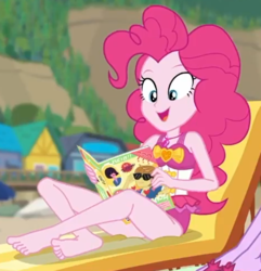 Size: 705x730 | Tagged: safe, screencap, feather bangs, pinkie pie, equestria girls, equestria girls series, friendship math, g4, barefoot, clothes, cropped, feet, female, legs, magazine, one-piece swimsuit, pinkie pie swimsuit, soles, solo, swimsuit
