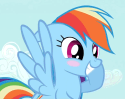 Size: 1218x964 | Tagged: safe, screencap, rainbow dash, pegasus, pony, the mysterious mare do well, animated, blush sticker, blushing, cloud, cropped, cute, dashabetes, female, flying, gif, mare, sky, smiling, solo