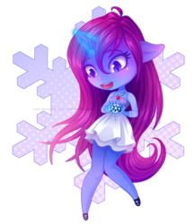 Size: 958x1102 | Tagged: safe, artist:caramelflower, oc, oc only, unicorn, anthro, chibi, clothes, cute, dress, female, jewelry, magic, mary janes, necklace, shoes, simple background, skirt, snow, snowflake, transparent background