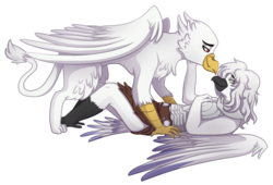 Size: 1085x737 | Tagged: safe, oc, oc only, oc:ezekael camdon, oc:solarus, griffon, macaw, anthro, albino, bedroom eyes, cute, interspecies, romantic, shipping, simple background, transparent background