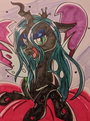 Size: 3029x4040 | Tagged: safe, artist:demise-the-art-demon, queen chrysalis, changeling, changeling queen, g4, crown, female, jewelry, prone, regalia, solo, traditional art