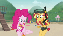 Size: 800x450 | Tagged: safe, screencap, pinkie pie, sunset shimmer, equestria girls, equestria girls series, g4, unsolved selfie mysteries, animated, belly button, clothes, female, geode of empathy, geode of sugar bombs, no sound, swimsuit, webm