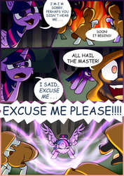 Size: 752x1062 | Tagged: safe, artist:somberjade, twilight sparkle, alicorn, pony, comic:curse and madness, g4, ambiguous gender, angry, bonfire, cloak, clothes, comic, cultist, female, fire, hooded cape, magic, magical blast, mare, mlpcam, text bubbles, twilight sparkle (alicorn)