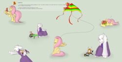 Size: 4603x2358 | Tagged: safe, artist:aaftergloweeye, big macintosh, fluttershy, earth pony, pegasus, pony, g4, asgore dreemurr, ball, bow, crossover, female, green background, hair bow, kite, male, mare, micro, mouth hold, ship:fluttermac, shipping, simple background, sleeping, stallion, straight, tiny ponies, toriel, toy train, undertale, zzz