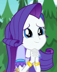Size: 580x720 | Tagged: safe, screencap, rarity, equestria girls, g4, my little pony equestria girls: legend of everfree, animated, boho, bracelet, camp fashion show outfit, confused, cropped, cute, female, gif, gold, grin, jewelry, raribetes, smiling, solo