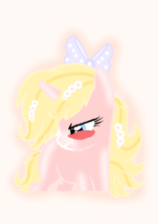 Size: 2039x2894 | Tagged: safe, artist:riofluttershy, oc, oc only, pony, unicorn, angry, blushing, bow, cute, high res, horn, looking down, pearl, pink, solo, unicorn oc