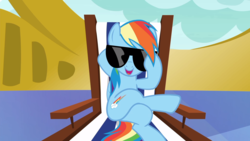 Size: 1920x1080 | Tagged: safe, screencap, rainbow dash, pony, every little thing she does, g4, chillaxing, crossed legs, cutie mark, female, reclining, roof, solo, sunglasses
