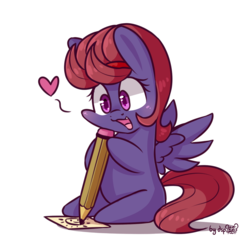 Size: 1238x1238 | Tagged: safe, artist:dsp2003, oc, oc:quick draw, pegasus, pony, 30 minute art challenge, bipedal, blushing, chibi, cute, female, heart, mare, open mouth, pencil, simple background, sitting, style emulation, transparent background