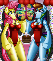 Size: 800x927 | Tagged: safe, artist:xjkenny, fluttershy, rainbow dash, anthro, semi-anthro, g4, arm hooves, balloon, beach ball, blowing, cake, clothes, commission, dessert, duo, food, happy birthday, one-piece swimsuit, rainblow dash, swimsuit, whistle, whistle necklace, wingless, wingless anthro