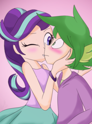 Size: 900x1214 | Tagged: safe, artist:emositecc, spike, starlight glimmer, human, g4, clothes, duo, humanized, kissing, male, pink background, ship:sparlight, shipping, simple background, size difference, smaller male, straight