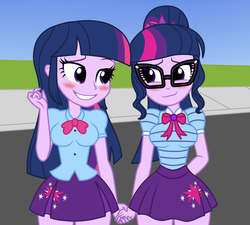 Size: 2000x1800 | Tagged: dead source, safe, artist:mashoart, sci-twi, twilight sparkle, equestria girls, g4, my little pony equestria girls: better together, blushing, breasts, busty twilight sparkle, clothes, female, geode of telekinesis, glasses, hips, holding hands, lesbian, looking at each other, miniskirt, pleated skirt, ponytail, self paradox, self ponidox, selfcest, ship:sci-twitwi, ship:twitwi, shipping, skirt, smiling, teeth, thighs, twilight sparkle (alicorn), twolight