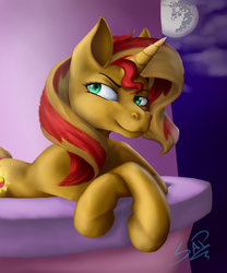 Size: 1000x1200 | Tagged: safe, artist:cuervo-of-cristal, sunset shimmer, pony, unicorn, g4, balcony, cloud, crossed hooves, female, full moon, mare in the moon, moon, night, solo