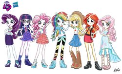 Size: 2165x1319 | Tagged: safe, artist:ritalux, applejack, fluttershy, pinkie pie, rainbow dash, rarity, sci-twi, sunset shimmer, twilight sparkle, equestria girls, g4, my little pony equestria girls: better together, official, cute, eqg promo pose set, equestria girls logo, equestria girls prototype, hasbro logo, humane five, humane seven, humane six, looking at you, my little pony logo, simple background, smiling, white background