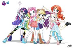 Size: 2868x1900 | Tagged: safe, artist:ritalux, applejack, fluttershy, pinkie pie, rainbow dash, rarity, sci-twi, sunset shimmer, twilight sparkle, equestria girls, g4, my little pony equestria girls: better together, official, cute, equestria girls prototype, hasbro logo, humane five, humane seven, humane six, looking at you, pose, simple background, smiling, white background