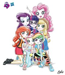 Size: 1772x2045 | Tagged: safe, artist:ritalux, applejack, fluttershy, pinkie pie, rainbow dash, rarity, sci-twi, sunset shimmer, twilight sparkle, equestria girls, g4, my little pony equestria girls: better together, official, equestria girls logo, equestria girls prototype, hasbro logo, humane five, humane seven, humane six, pose, simple background, smiling, white background