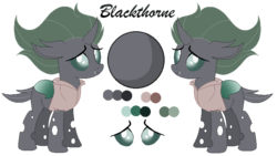 Size: 774x435 | Tagged: safe, artist:mlpcrystalharmony, artist:selenaede, oc, oc only, oc:blackthorne, changeling, base used, changeling oc, clothes, female, green changeling, pirate, reference sheet, shirt, simple background, solo, transparent background