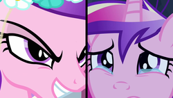 Size: 1280x720 | Tagged: safe, screencap, princess cadance, queen chrysalis, changeling, a canterlot wedding, g4, crying, disguise, disguised changeling, evil grin, fake cadance, flower, flower in hair, grin, princess sadance, sad, smiling, split screen, this day aria, veil