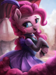 Size: 2250x3000 | Tagged: safe, artist:vanillaghosties, pinkie pie, earth pony, pony, over a barrel, blushing, clothes, cute, diapinkes, dress, female, lidded eyes, mare, open mouth, saloon dress, saloon pinkie, solo