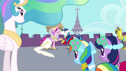 Size: 1280x720 | Tagged: safe, screencap, princess cadance, princess celestia, rainbow dash, shining armor, twilight sparkle, alicorn, pony, a canterlot wedding, g4, bridesmaid dress, castle, clothes, dress, female, horn, horn ring, kiss on the lips, kissing, male, mare, royal guard, ship:shiningcadance, shipping, stallion, straight, wedding dress