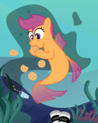 Size: 4796x6000 | Tagged: safe, artist:sollace, scootaloo, pony, seapony (g4), g4, absurd resolution, chocolate, chocolate milk, cookie, crumbs, female, food, milk, seaponified, seapony scootaloo, show accurate, solo, species swap, underwater, vector