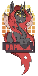 Size: 1904x3776 | Tagged: safe, artist:beardie, oc, oc only, oc:paprika, changeling, badge, changeling oc, con badge, red changeling, simple background, transparent background