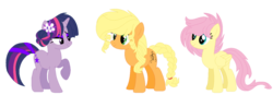 Size: 1024x358 | Tagged: safe, artist:bezziie, applejack, fluttershy, twilight sparkle, pony, g4, alternate cutie mark, alternate hairstyle, simple background, transparent background