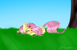 Size: 2000x1300 | Tagged: safe, artist:katzishiki, fluttershy, pony, g4, cute, female, prone, shyabetes, sleeping, solo