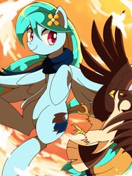Size: 768x1024 | Tagged: safe, artist:erufi, oc, oc only, oc:hermanus, hawk, pegasus, pony, clothes, cloud, female, flower, flower in hair, looking at you, mare, scarf, sky, smiling, solo, spread wings, wings
