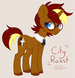 Size: 2956x3067 | Tagged: safe, artist:hawthornss, oc, oc:city roast, pony, unicorn, abstract background, collar, cute, glasses, high res, korean, lapel, looking at you, male, simple background, smiling, stallion, text, unshorn fetlocks