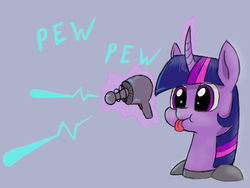 Size: 800x600 | Tagged: safe, alternate version, artist:duskswordsman, twilight sparkle, pony, unicorn, g4, :p, :t, armor, blaster, bust, curved horn, cute, energy weapon, female, glowing horn, gray background, horn, laser, levitation, magic, mare, pew pew, puffy cheeks, science fiction, simple background, smiling, style emulation, telekinesis, tongue out, twiabetes, weapon
