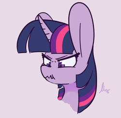 Size: 846x825 | Tagged: safe, artist:loneless-art, twilight sparkle, pony, g4, bust, female, horn, mare, scrunchy face, signature, simple background, solo, twilight sparkle is not amused, unamused