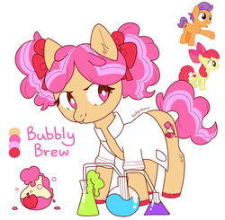 Size: 1977x1937 | Tagged: safe, artist:fusionsofponies, artist:koteikow, apple bloom, tender taps, oc, oc:bubbly brew, earth pony, pony, g4, bucktooth, chemistry, clothes, cutie mark, fusion, fusion:apple bloom, fusion:tender taps, lab coat, overbite, simple background, white background