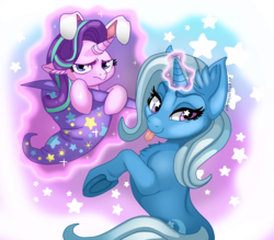 Size: 2400x2100 | Tagged: safe, artist:everlastingderp, starlight glimmer, trixie, pony, unicorn, bunny ears, bunny out of the hat, clothes, cute, diatrixes, duo, female, glimmerbetes, glowing horn, hat, looking at you, magic, magic trick, mare, silly, silly pony, smiling, starlight glimmer is not amused, starry eyes, telekinesis, tongue out, trixie's hat, unamused, wingding eyes