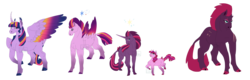 Size: 9368x3000 | Tagged: safe, artist:lu-le-ma, tempest shadow, twilight sparkle, alicorn, classical unicorn, horse, pony, unicorn, g4, my little pony: the movie, absurd resolution, cloven hooves, colored hooves, curved horn, family, female, hoers, horn, leonine tail, lesbian, magical lesbian spawn, offspring, parent:tempest shadow, parent:twilight sparkle, parents:tempestlight, rainbow power, ship:tempestlight, shipping, simple background, transparent background, twilight sparkle (alicorn), unshorn fetlocks