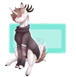 Size: 3668x3700 | Tagged: safe, artist:lastaimin, oc, oc only, oc:zanie, pony, unicorn, clothes, deer tail, high res, male, simple background, sitting, solo, stallion, sweater, transparent background
