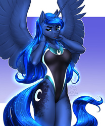 Size: 2375x2850 | Tagged: safe, artist:mykegreywolf, princess luna, alicorn, anthro, blue lipstick, breasts, clothes, female, frown, gradient background, high-cut clothing, horn, lipstick, mare, one-piece swimsuit, open mouth, raised hand, solo, sports swimsuit, spread wings, stupid sexy princess luna, swimsuit, wings