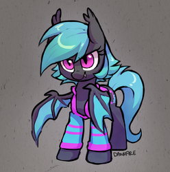 Size: 2026x2040 | Tagged: safe, artist:dawnfire, oc, oc only, oc:moondrive, bat pony, pony, abstract background, bat pony oc, clothes, fangs, high res, slit pupils, solo