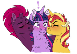Size: 1280x896 | Tagged: safe, artist:cascayd, fizzlepop berrytwist, sunset shimmer, tempest shadow, twilight sparkle, pony, unicorn, equestria girls, g4, blushing, broken horn, cheek kiss, chest fluff, cute, exclamation point, eyes closed, female, heart, horn, kiss sandwich, kissing, lesbian, polyamory, ship:sunsetsparkle, ship:tempestlight, shipping, simple background, surprise kiss, tempestlightshimmer, twiabetes