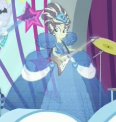 Size: 390x411 | Tagged: safe, alternate version, screencap, sunset shimmer, equestria girls, equestria girls series, g4, rollercoaster of friendship, alternate hairstyle, clothes, cropped, dress, gown, guitar, historical, hologram, impossibly large dress, updo
