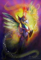 Size: 1024x1489 | Tagged: safe, artist:mad munchkin, daybreaker, alicorn, pony, g4, female, flying, glowing horn, horn, magic, mare, solo, watermark